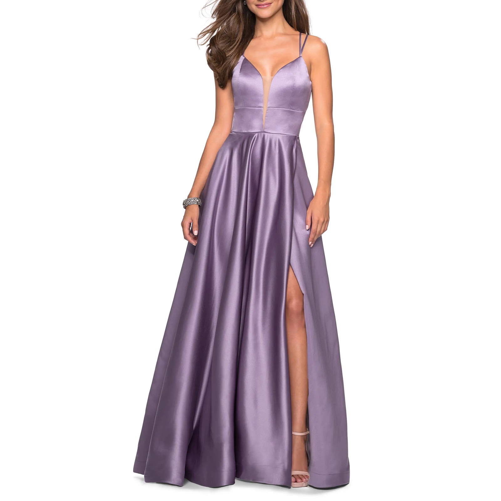 La Femme 26994 Lavender Strappy Back Satin Plunge Neck Formal Ballgown Sz 4 Nwt